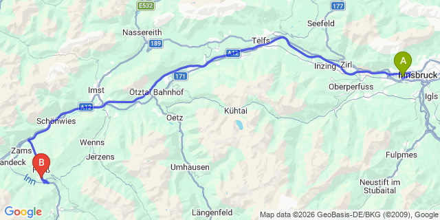 Map: Innsbruck Airport (INN) to Fliess