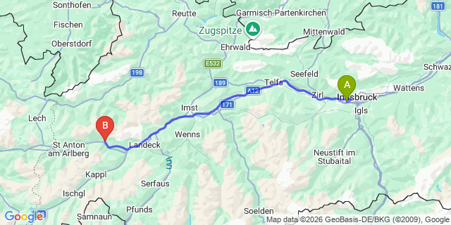 Map: Innsbruck Airport (INN) to Flirsch