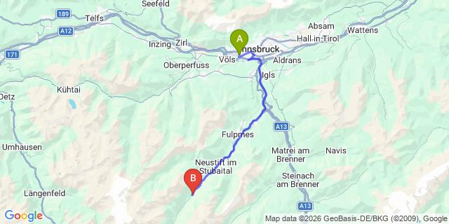 Map: Innsbruck Airport (INN) to Gasteig im Stubaital