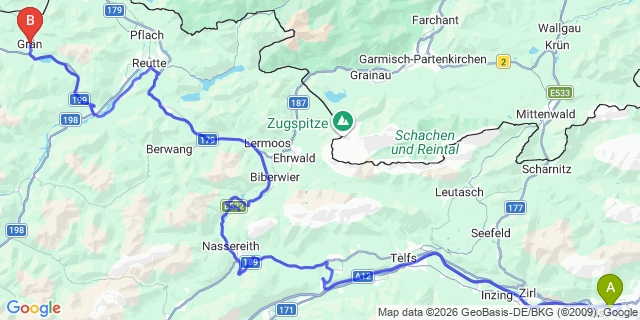 Map: Innsbruck Airport (INN) to Gran im Ausserfern