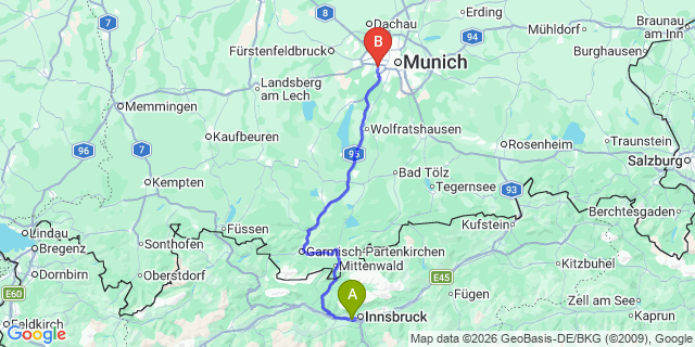 Map: Innsbruck Airport (INN) to Gries am Brenner