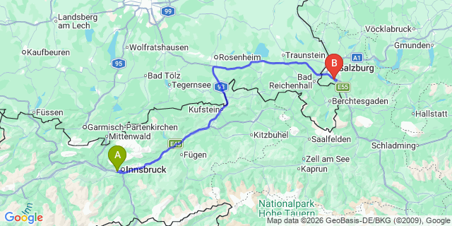 Map: Innsbruck Airport (INN) to Grodig