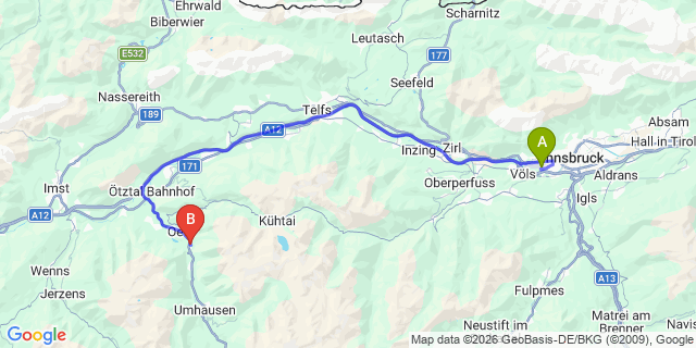 Map: Innsbruck Airport (INN) to Habichen im otztal