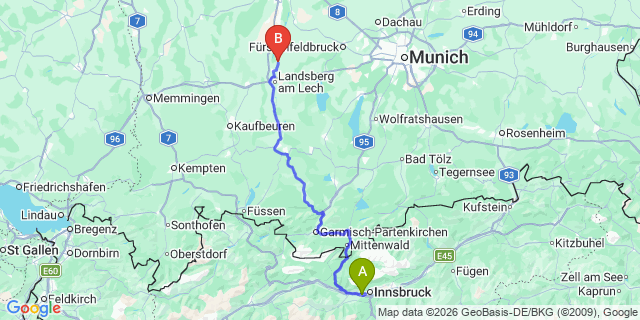 Map: Innsbruck Airport (INN) to Haiming