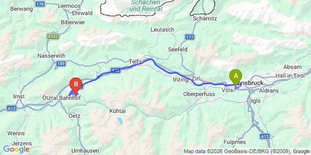 Map: Innsbruck Airport (INN) to Haimingberg