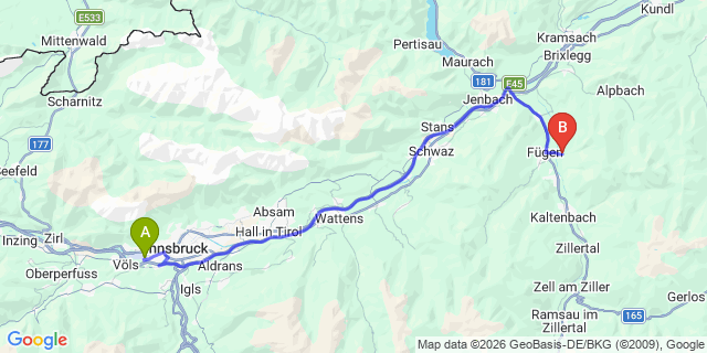 Map: Innsbruck Airport (INN) to Hart im Zillertal