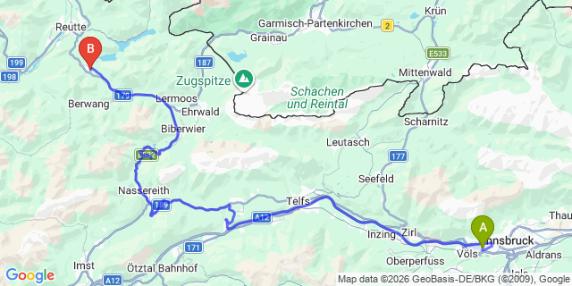 Map: Innsbruck Airport (INN) to Heiterwang