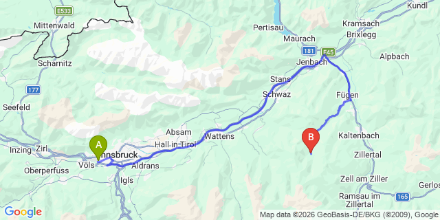 Map: Innsbruck Airport (INN) to Hochfugen