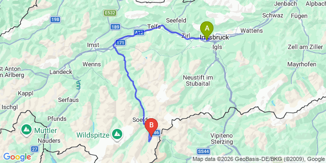 Map: Innsbruck Airport (INN) to Hochgurgl