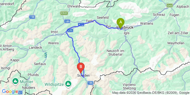 Map: Innsbruck Airport (INN) to Hochsolden