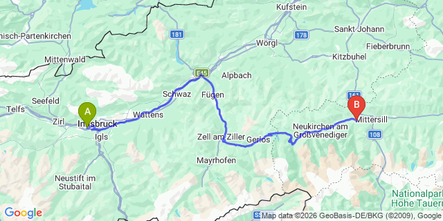 Map: Innsbruck Airport (INN) to Hollersbach