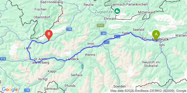 Map: Innsbruck Airport (INN) to Holzgau