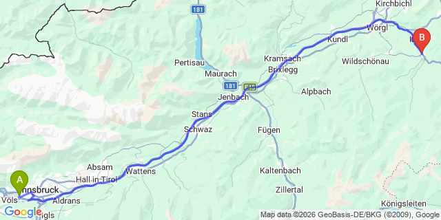Map: Innsbruck Airport (INN) to Hopfgarten