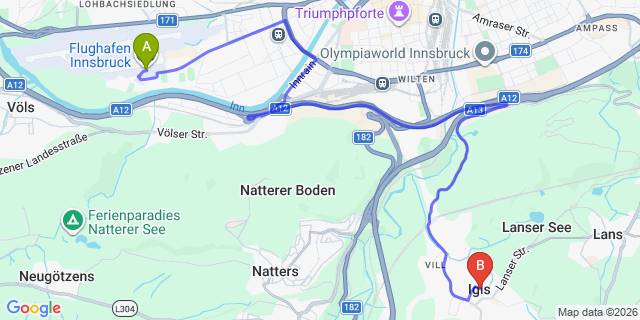 Map: Innsbruck Airport (INN) to Igls