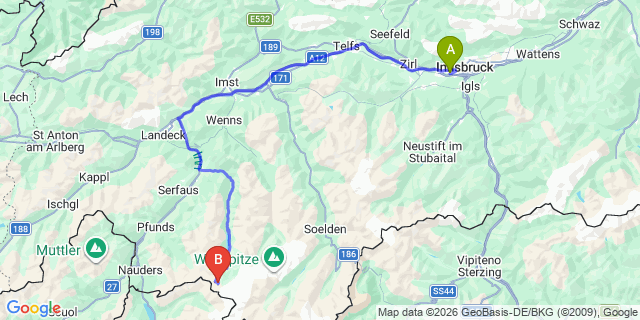 Map: Innsbruck Airport (INN) to Kaunertaler Gletscher Lift