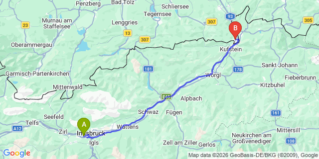 Map: Innsbruck Airport (INN) to Kiefersfelden