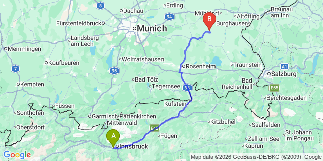 Map: Innsbruck Airport (INN) to Kitzbühel