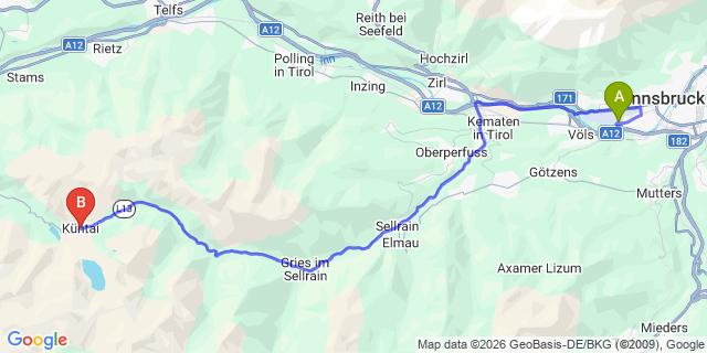 Map: Innsbruck Airport (INN) to Kuhtai