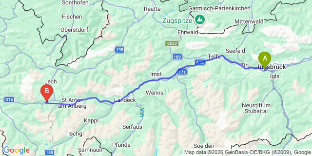 Map: Innsbruck Airport (INN) to Langen am Arlberg