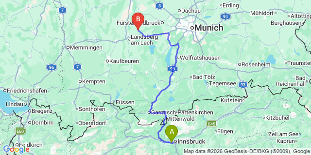 Map: Innsbruck Airport (INN) to Langenfeld