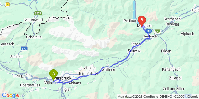 Map: Innsbruck Airport (INN) to Larchenwiese