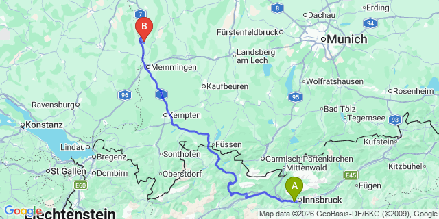 Map: Innsbruck Airport (INN) to Lech am Arlberg