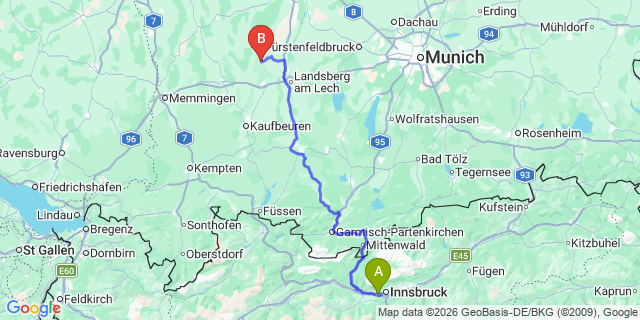 Map: Innsbruck Airport (INN) to Lechaschau