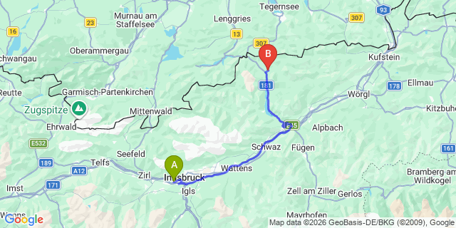Map: Innsbruck Airport (INN) to Leiten  Achensee