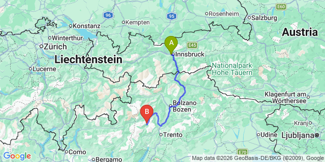 Map: Innsbruck Airport (INN) to Madonna di Campiglio