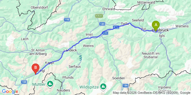 Map: Innsbruck Airport (INN) to Mathon