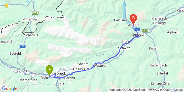Map: Innsbruck Airport (INN) to Maurach