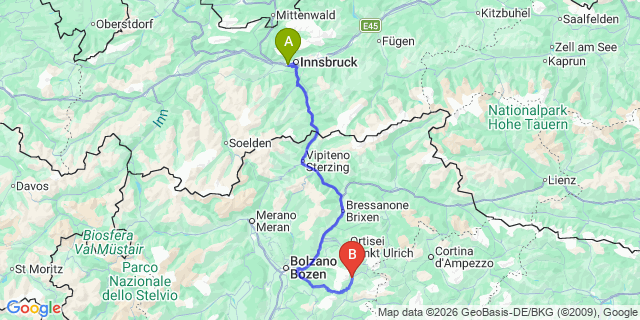 Map: Innsbruck Airport (INN) to Mazzin di Fassa