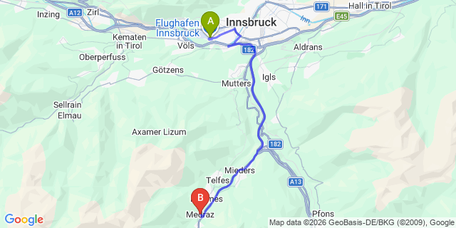 Map: Innsbruck Airport (INN) to Medraz im Stubaital