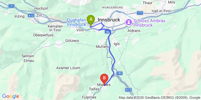 Map: Innsbruck Airport (INN) to Mieders im Stubaital