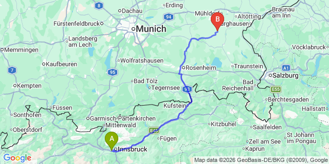 Map: Innsbruck Airport (INN) to Mittersill