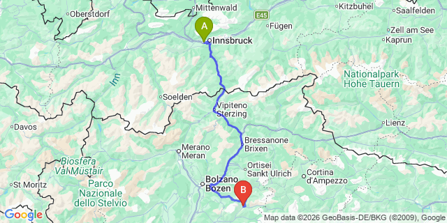 Map: Innsbruck Airport (INN) to Moena di Fassa