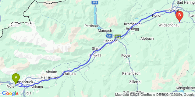 Map: Innsbruck Airport (INN) to Niederau