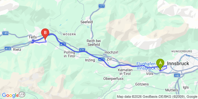 Map: Innsbruck Airport (INN) to Oberhofen im Tannheimertal