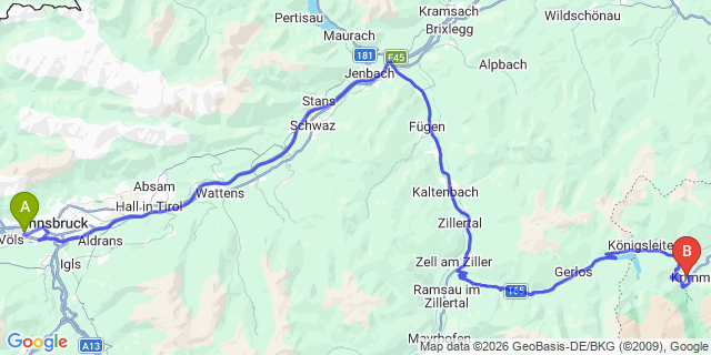 Map: Innsbruck Airport (INN) to Oberkrimml