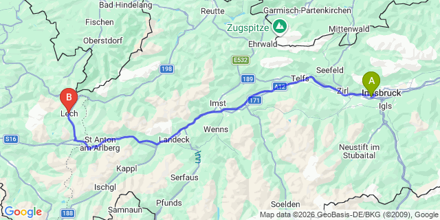 Map: Innsbruck Airport (INN) to Oberlech