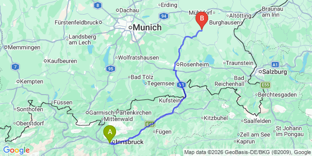 Map: Innsbruck Airport (INN) to Oberndorf in Tirol