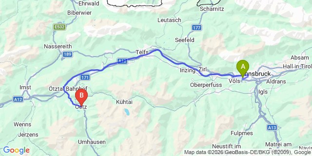 Map: Innsbruck Airport (INN) to Oetz (Oetz Valley)