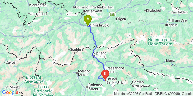 Map: Innsbruck Airport (INN) to Ortisei