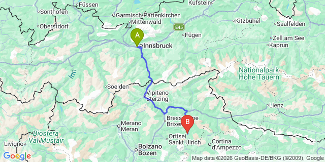 Map: Innsbruck Airport (INN) to Pedraces