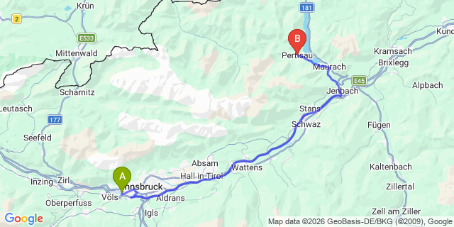 Map: Innsbruck Airport (INN) to Pertisau