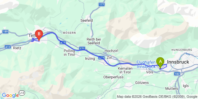 Map: Innsbruck Airport (INN) to Pfaffenhofen bei Telfs
