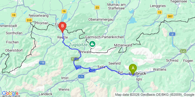 Map: Innsbruck Airport (INN) to Pflach