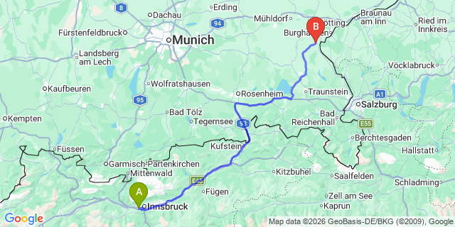 Map: Innsbruck Airport (INN) to Piesendorf