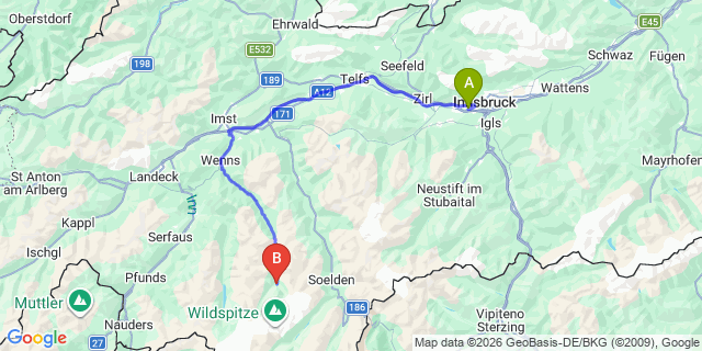Map: Innsbruck Airport (INN) to Pitztaler Gletscher