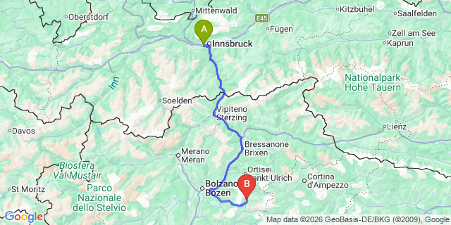 Map: Innsbruck Airport (INN) to Pozza di Fassa